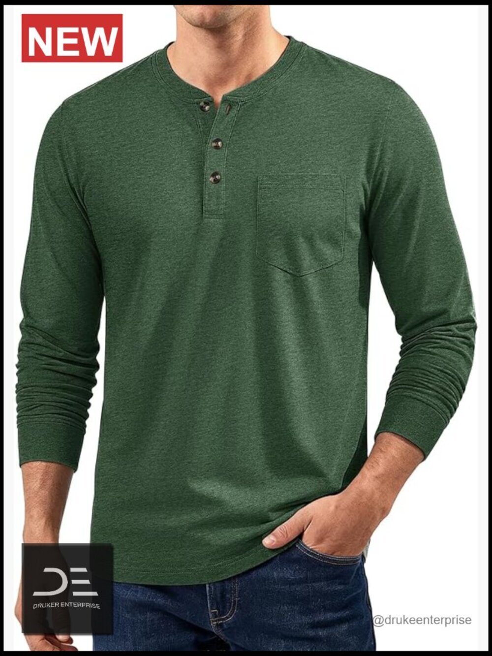 Cotton Blend Henley Shirt Long Sleeve 3 Button Pocket Pullover Lightweight